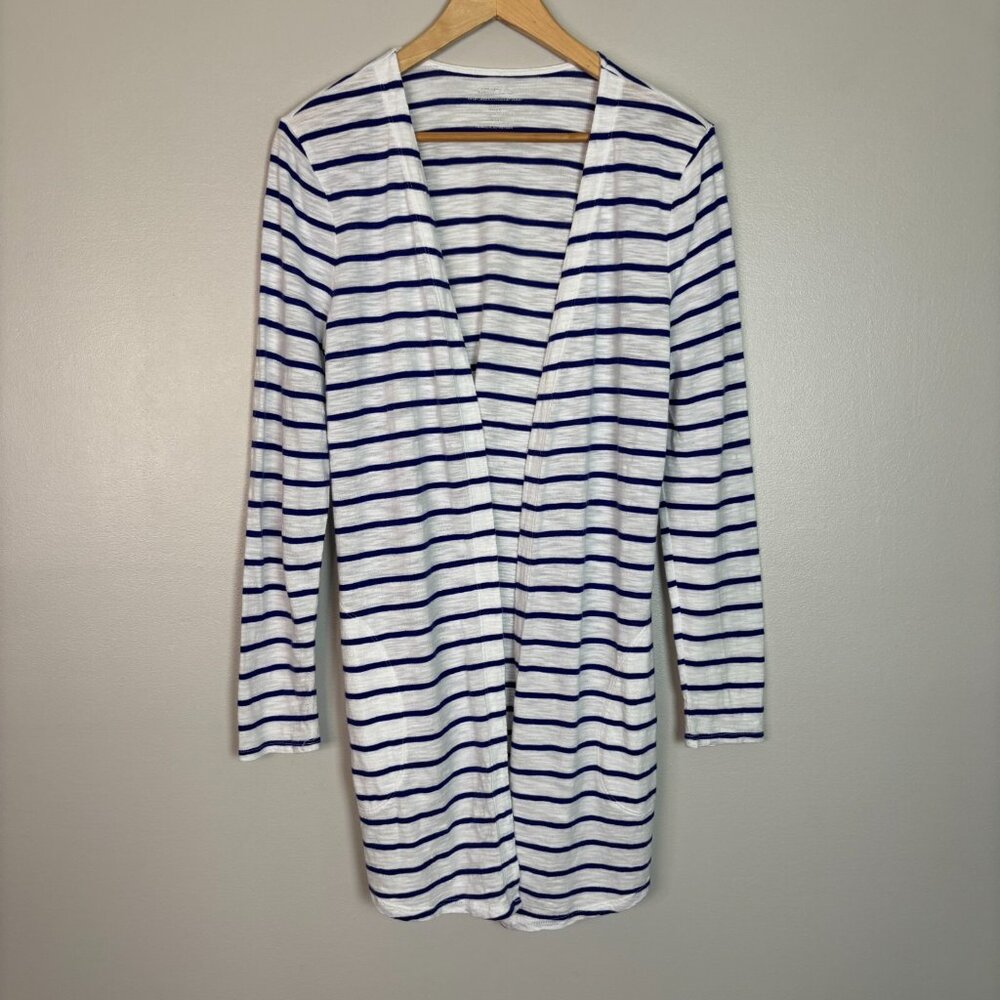 Chico's Cardigan 0 Women's Small‎ White Blue Striped Open-Front Cotton Slub Knit